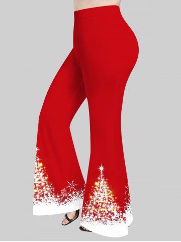 Plus Size Glitter Sparkling Christmas Tree Snowflake Print Flare Pants - RED - 4X