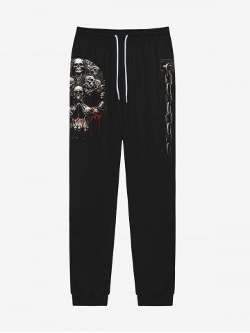 Pantalon Gothique D'Halloween Crâne Sang Chaîne Imprimé avec Poches à Cordon - BLACK - XL
