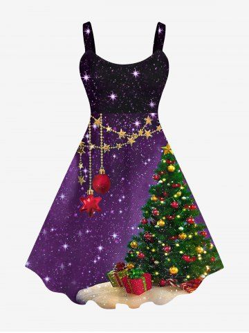 Plus Size Glitter Sparkling Stars Galaxy Christmas Tree Ball Chain Tassel Print Tank Dress - PURPLE - XS
