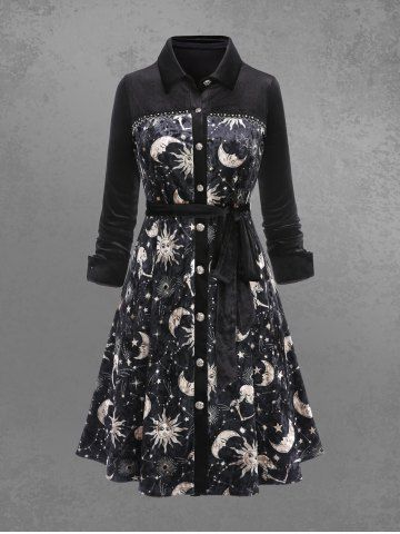 Gothic Sun Moon Star Printed Full Buttons Turn-down Collar Tied A Line Shirted Velvet Dress - BLACK - S | US 8
