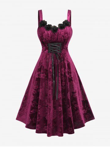 Plus Size Floral Trim Lace Up Velvet Embossed Ruched A Line Tank Dress - DEEP RED - 1X | US 14-16