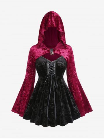 Plus Size Grommets Lace Up Flocking Flower Flare Sleeves Hooded Velvet T-shirt - DEEP RED - M | US 10
