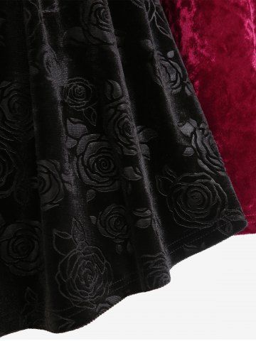 Plus Size Grommets Lace Up Flocking Flower Flare Sleeves Hooded Velvet T-shirt