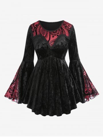 Plus Size Appliques Lace Trim Flocked Flower Flare Sleeves Velvet T-shirt - BLACK - M | US 10