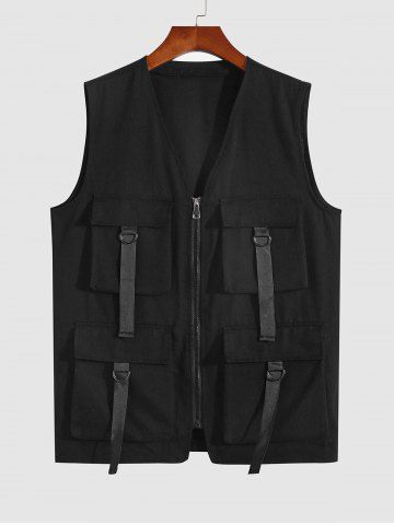 Men's Streetwear Solid Color Multi-pockets Straps Design Zip Fly Techwear Cargo Vest - BLACK - S