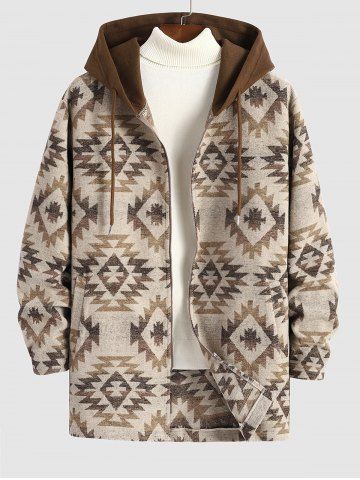 Zip Up Longline Woolen Aztec Ethnic Geometric Print Pocket Hooded Coat