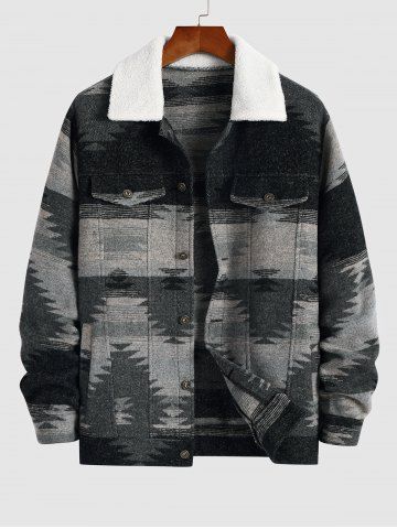 Veste en Laine à Boutonnage Simple et à Imprimé Aztèque avec Col en Fausse Fourrure pour Hommes - GRAY - XXL