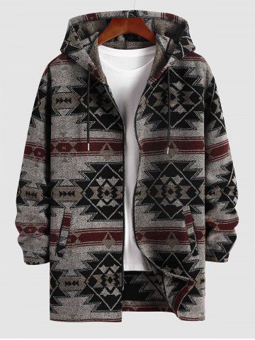 Men's Ethnic Aztec Printed Zip Fly Woolen Coat - DEEP COFFEE - M