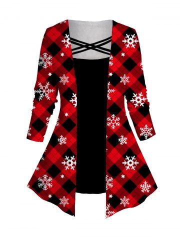 Plus Size Plaid Snowflake Print Crisscross Christmas Faux Twinset T-shirt - RED - 5X | US 24