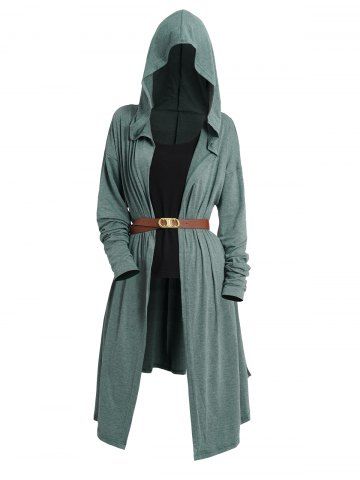 Open Front Long Belted Hooded Top And Solid Color Tank Top Set - DEEP GREEN - XXL | US 14