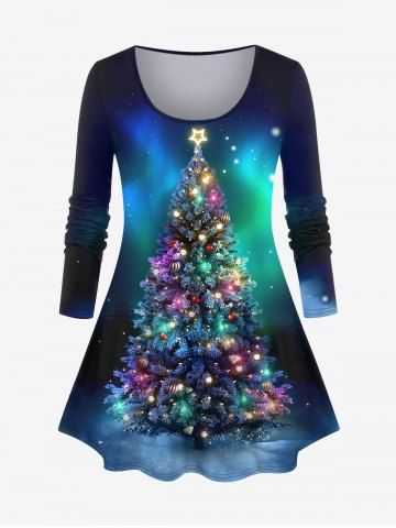 Plus Size Glitter Colorful Christmas Tree Light Galaxy Printed Ombre T-shirt - DEEP BLUE - 1X