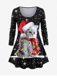 T-shirt Brillant 3D Chat Chanceux de Noël Imprimé de Grande Taille - Noir S