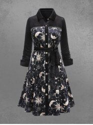 Gothic Sun Moon Star Printed Full Buttons Turn-down Collar Tied A Line Shirted Velvet Dress -  