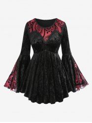 T-shirt gothique grande taille en velours avec appliques, bordure en dentelle, manches évasées et fleurs floquées - Noir 2X | US 18-20