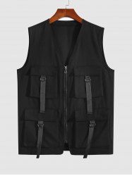 Men's Streetwear Solid Color Multi-pockets Straps Design Zip Fly Techwear Cargo Vest -  