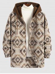 Zip Up Longline Woolen Aztec Ethnic Geometric Print Pocket Hooded Coat -  