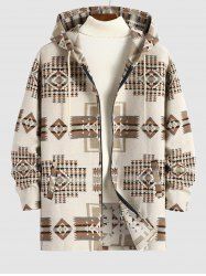 Woolen Aztec Ethnic Geometric Print Pocket Hooded Coat -  