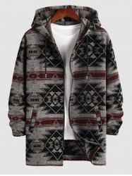 Manteau en Laine Imprimé Aztèque Ethnique à Fermeture Éclair - Café profond S