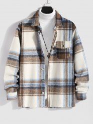 Plaid Checks Colorblock Pocket Design Woolen Turn Down Collar Coat -  