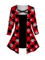 Plus Size Plaid Snowflake Print Crisscross Christmas Faux Twinset T-shirt -  