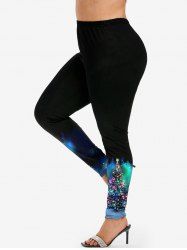 Plus Size Glitter Colorful Christmas Tree Light Galaxy Print Ombre Skinny Leggings -  