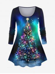 T-shirt grande taille à imprimé ombré, motif sapin de Noël coloré et lumineux, galaxie - Bleu profond S