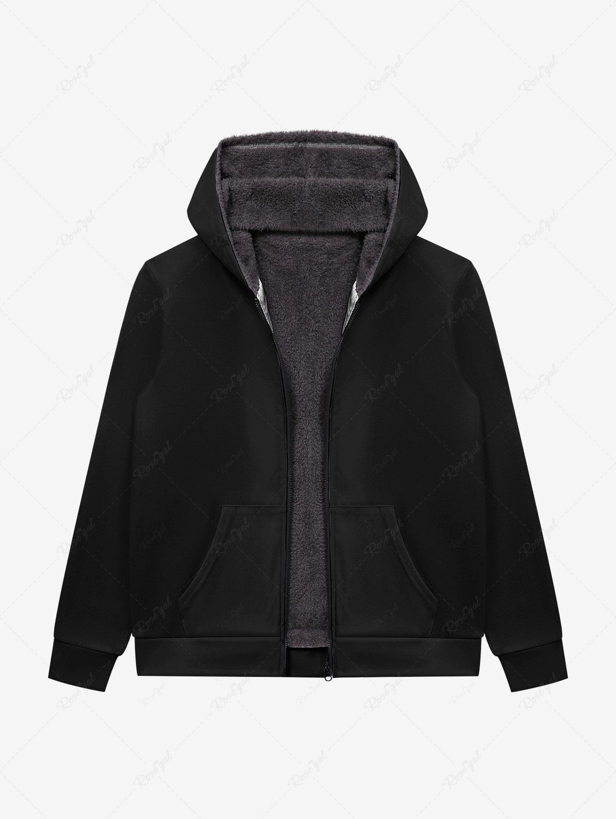 Outfit Gothic Full Zipper Pockets Plain Solid Fleece Lining Hoodie For Men  