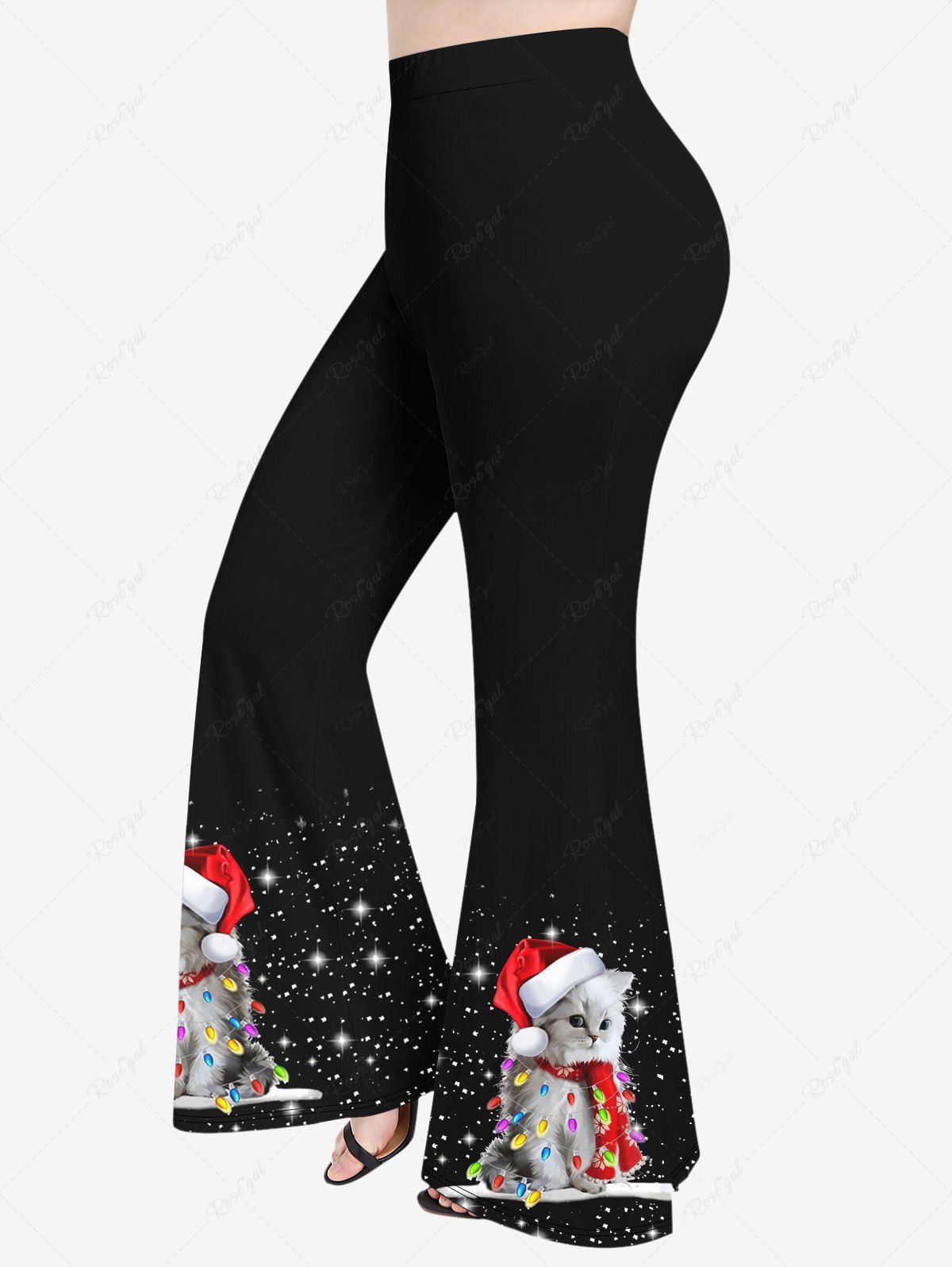 Trendy Plus Size Glitter Christmas Hat Light Cat Fragmentation Print Flare Pants  