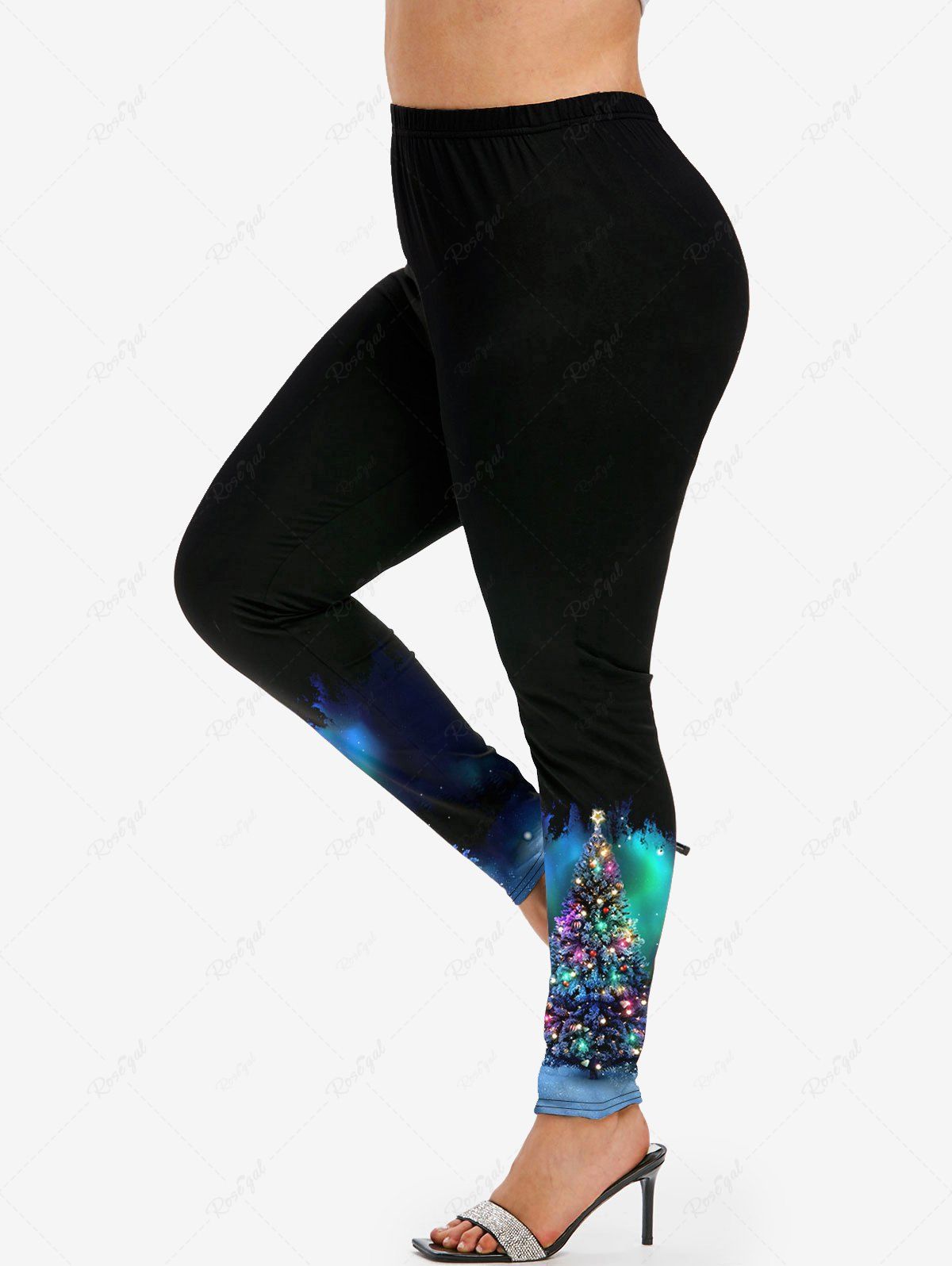 Sale Plus Size Glitter Colorful Christmas Tree Light Galaxy Print Ombre Skinny Leggings  