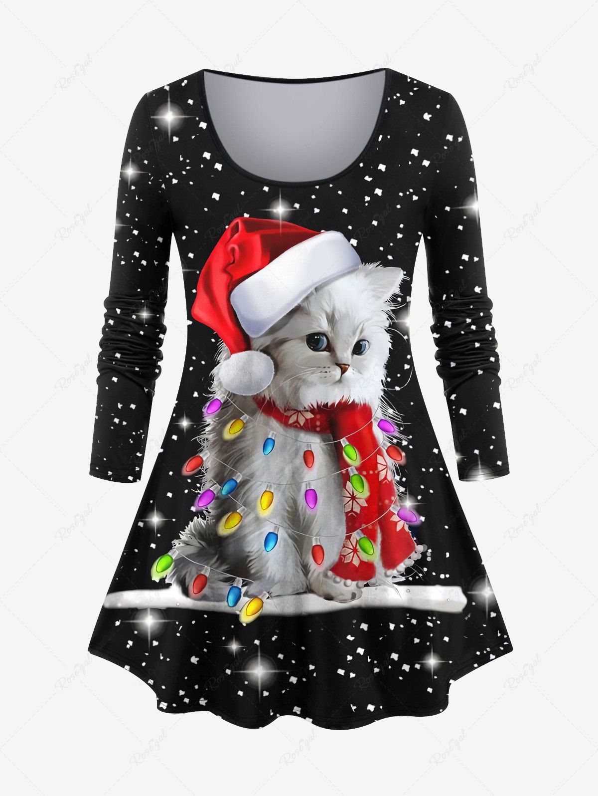 Trendy Plus Size Glitter Sparkling 3D Christmas Hat Light Cat Fragmentation Print T-shirt  
