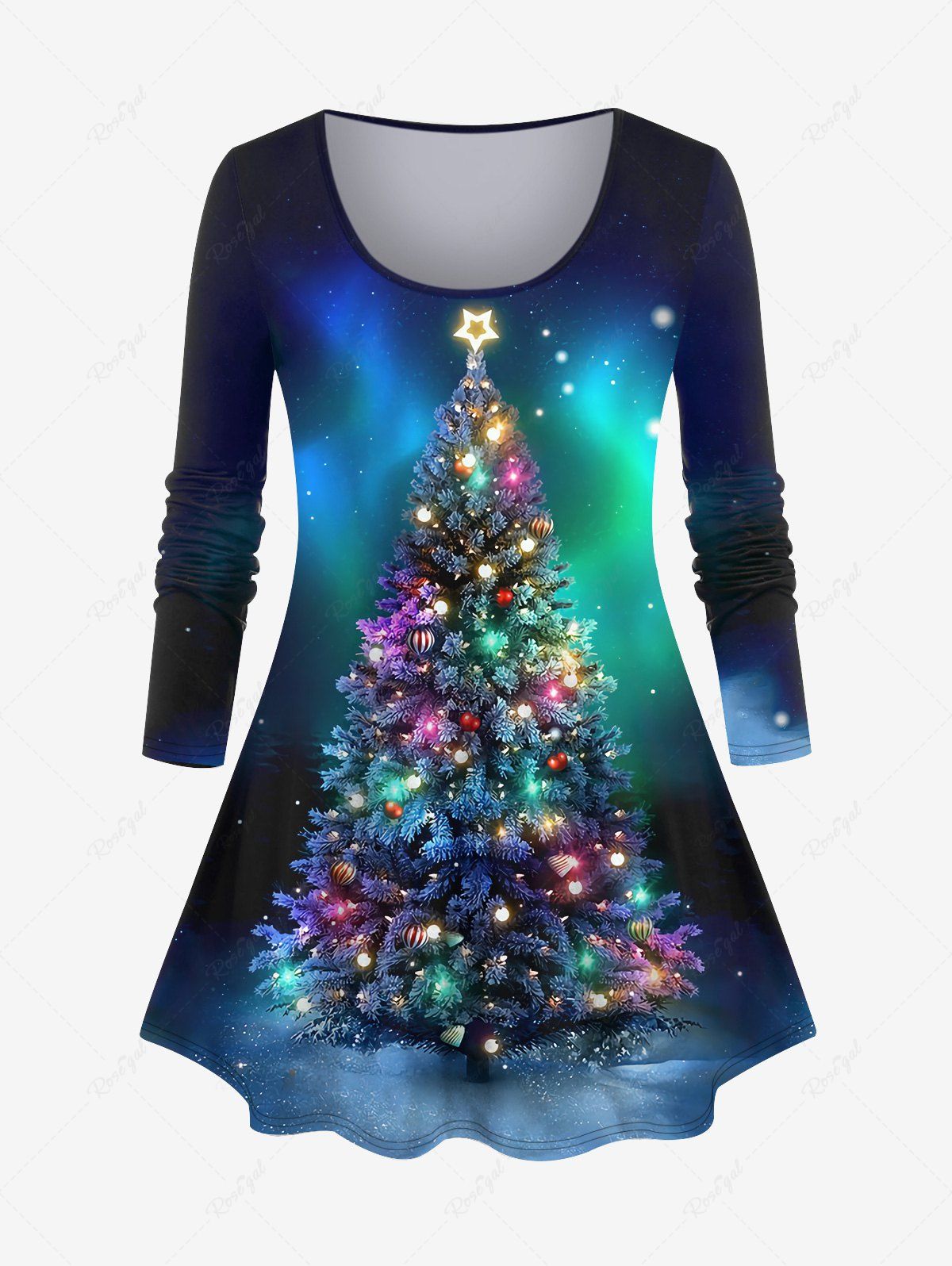 T-shirt grande taille à imprimé ombré, motif sapin de Noël coloré et lumineux, galaxie Bleu profond XS