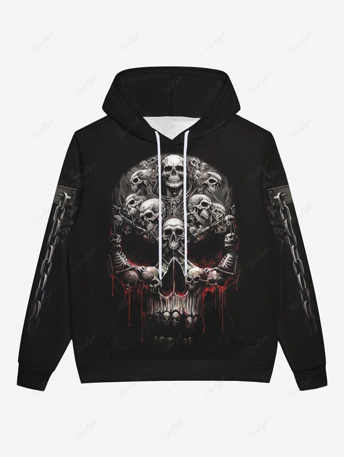 Outfits Gothic 3D Bloody Skulls Chains Print Pocket Drawstring Fleece Lining Hoodie For Men  