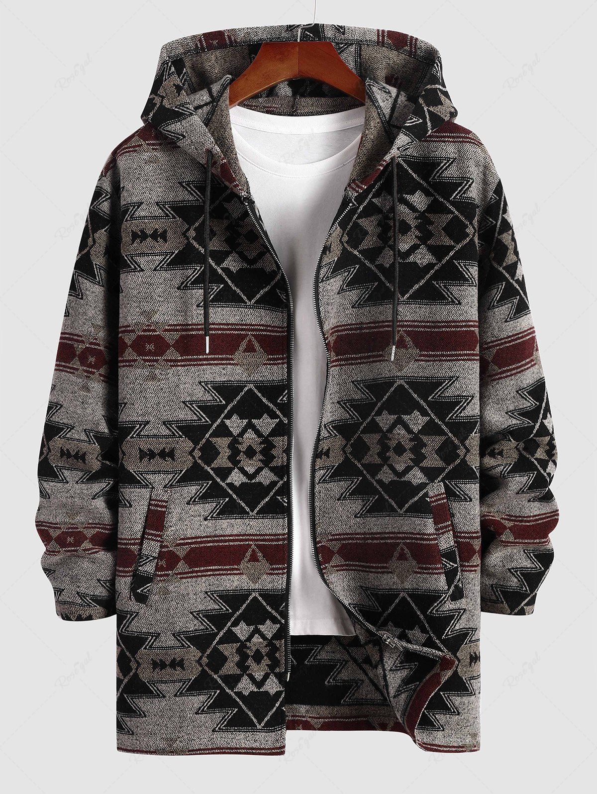 Discount Men's Ethnic Aztec Printed Zip Fly Woolen Coat  