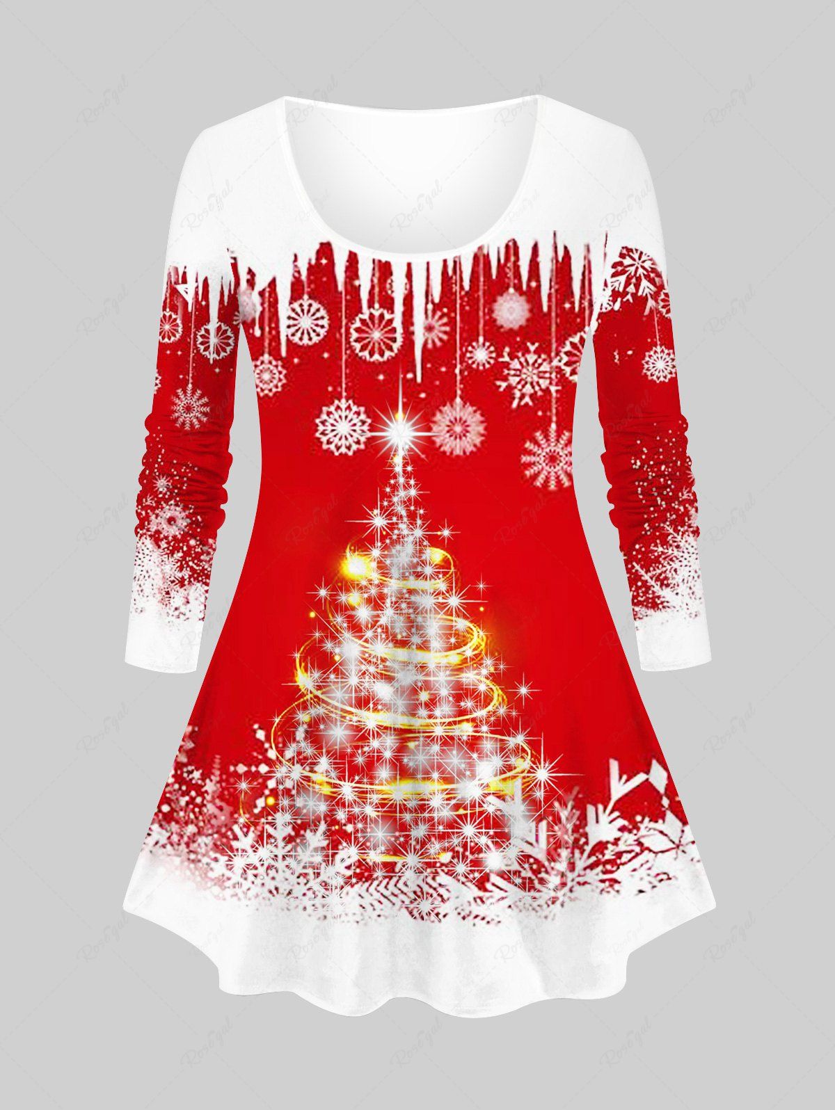 T-shirt Sapin de Noël Brillant Flocon de Neige Imprimé de Grande Taille Rouge 3X