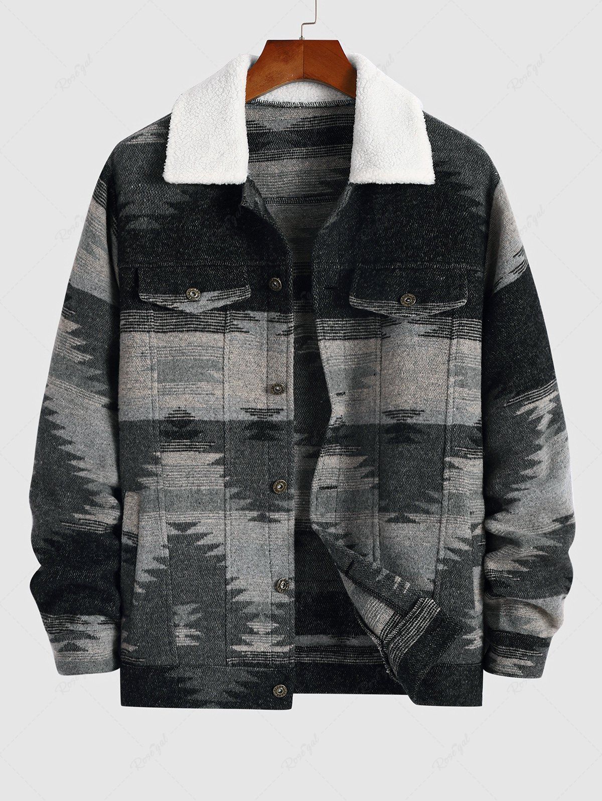 Fashion Men's Ethnic Aztec Printed Faux Fur Collar Single-breasted Woolen Jacket  