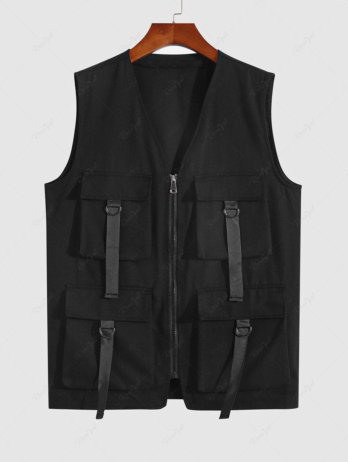 Discount Men's Streetwear Solid Color Multi-pockets Straps Design Zip Fly Techwear Cargo Vest  