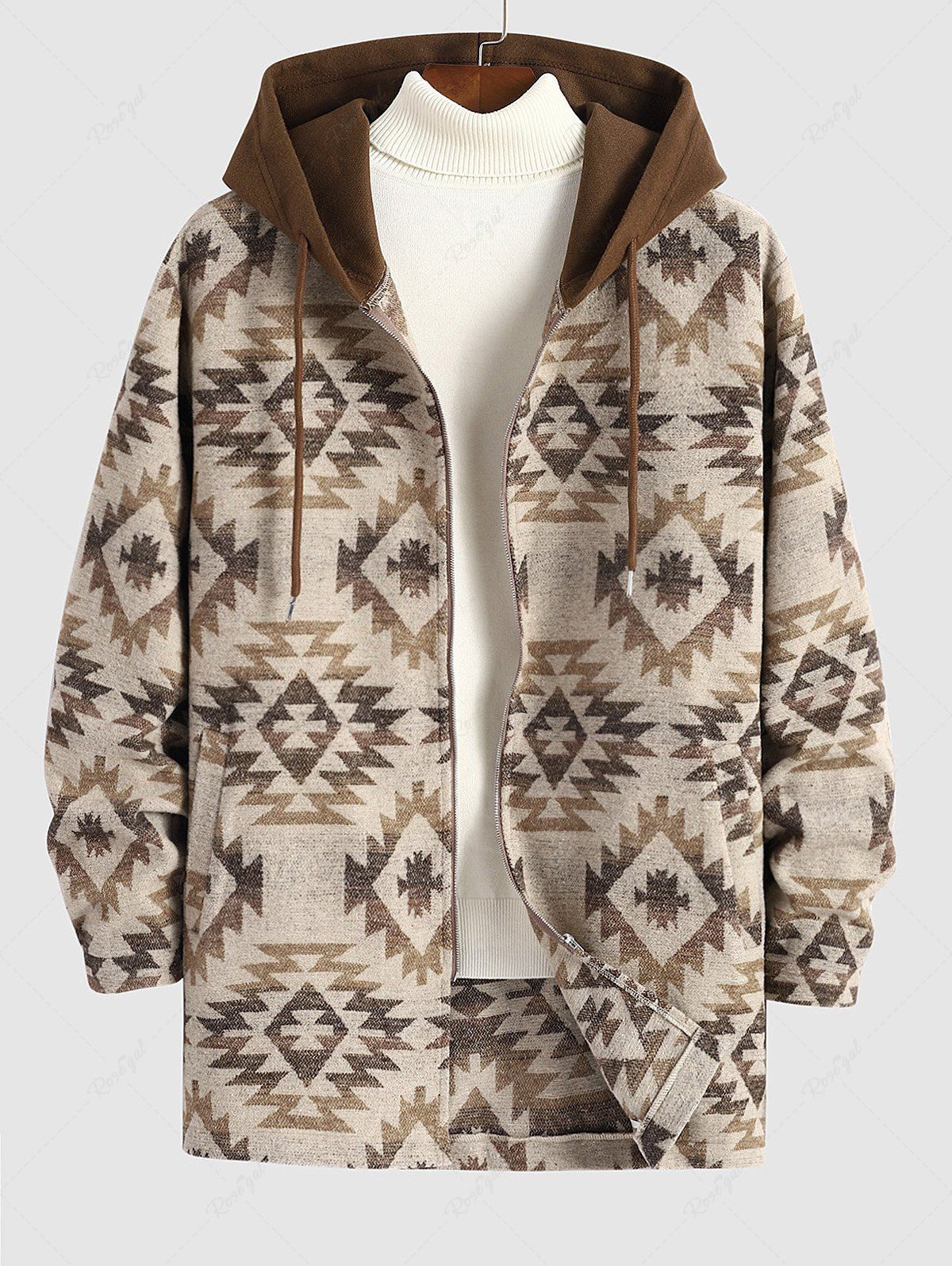 Shops Zip Up Longline Woolen Aztec Ethnic Geometric Print Pocket Hooded Coat  