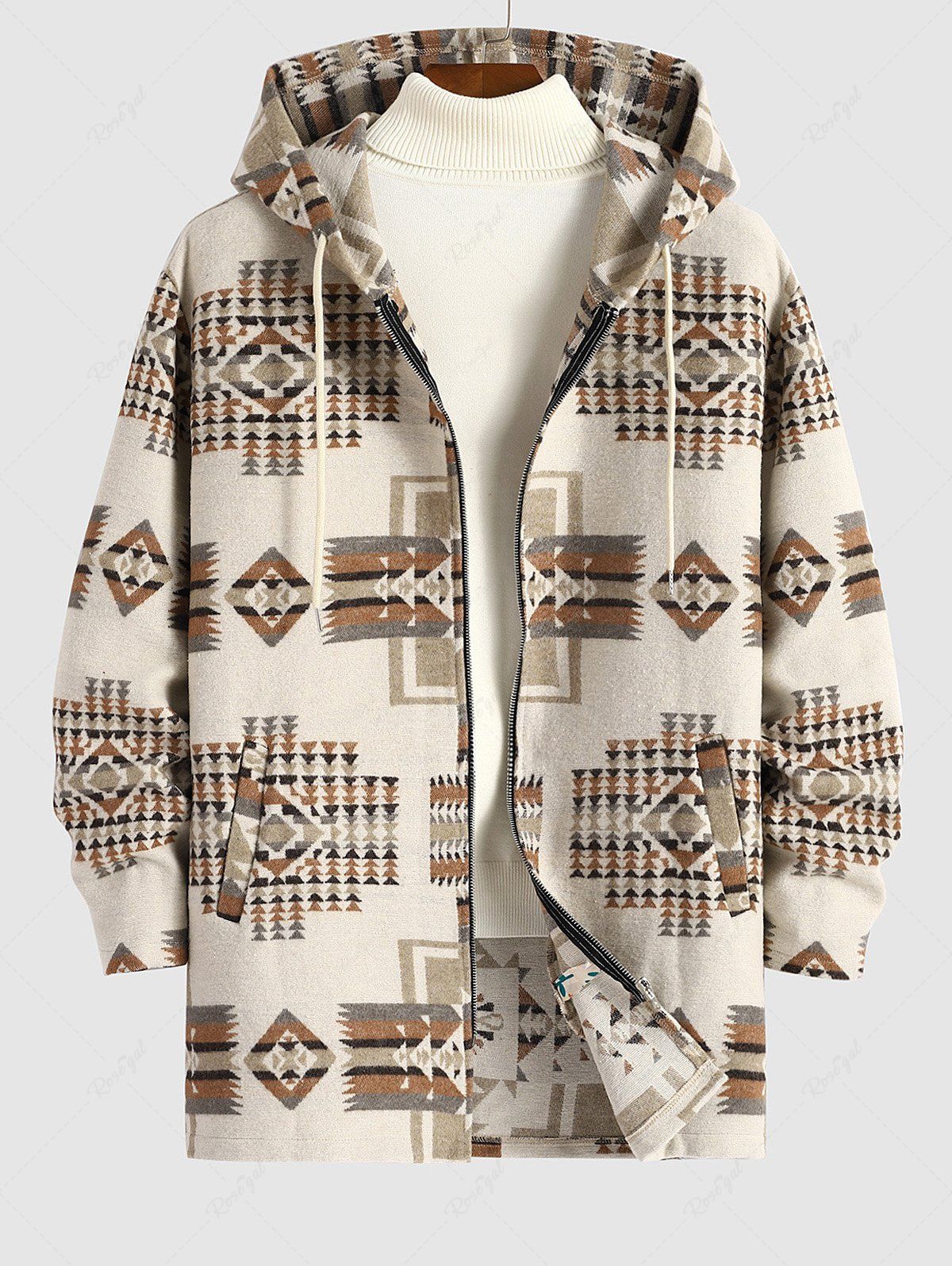 Outfits Woolen Aztec Ethnic Geometric Print Pocket Hooded Coat  