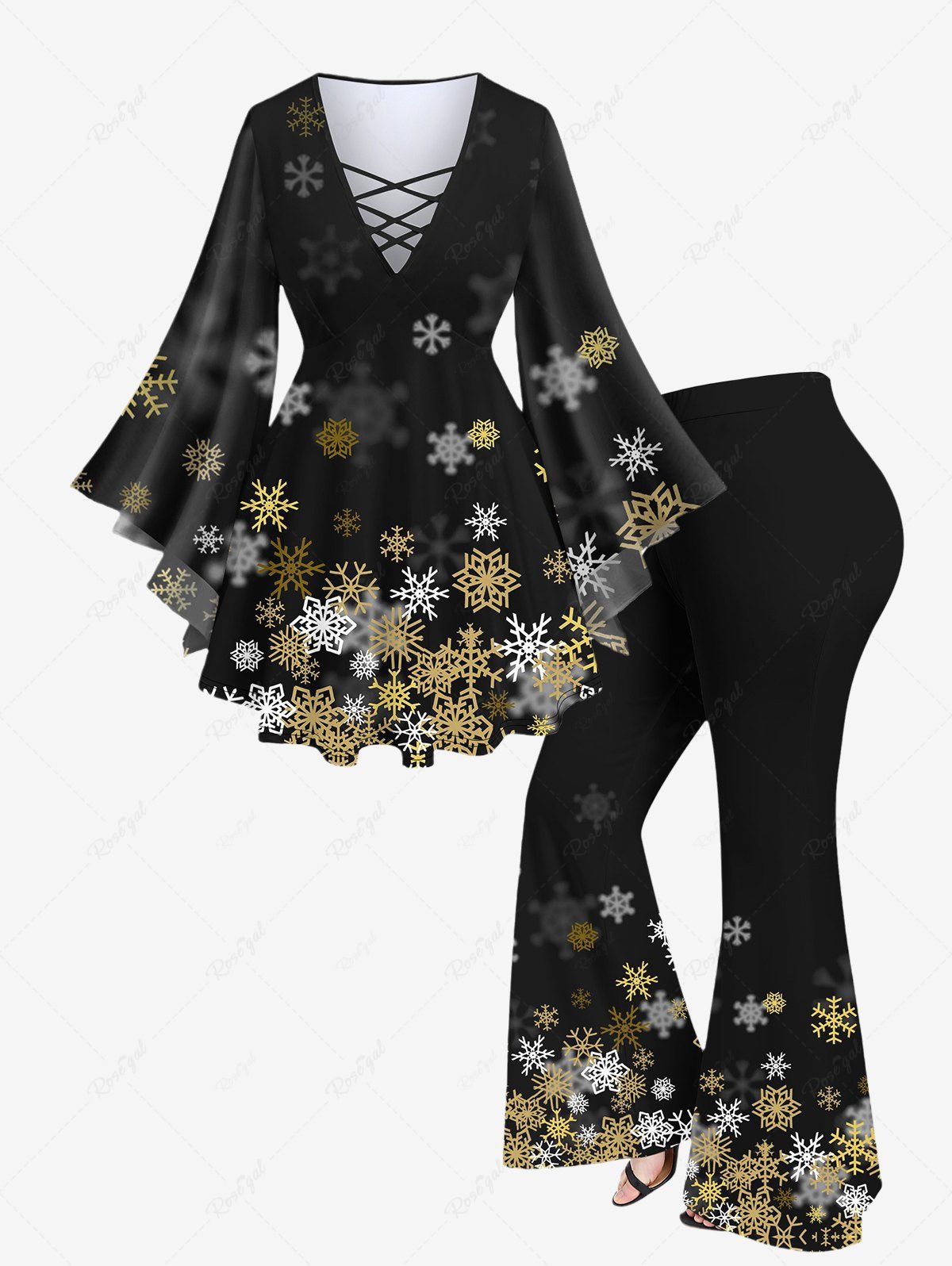 Store Plus Size Flare Sleeves Ombre Snowflake Printed Christmas Crisscross T-shirt and Flare Pants Outfit  