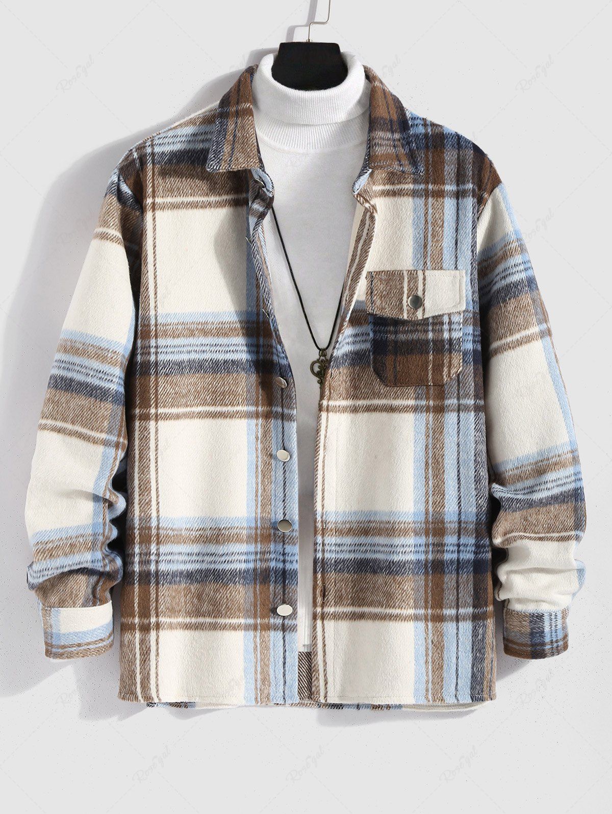 Best Plaid Checks Colorblock Pocket Design Woolen Turn Down Collar Coat  
