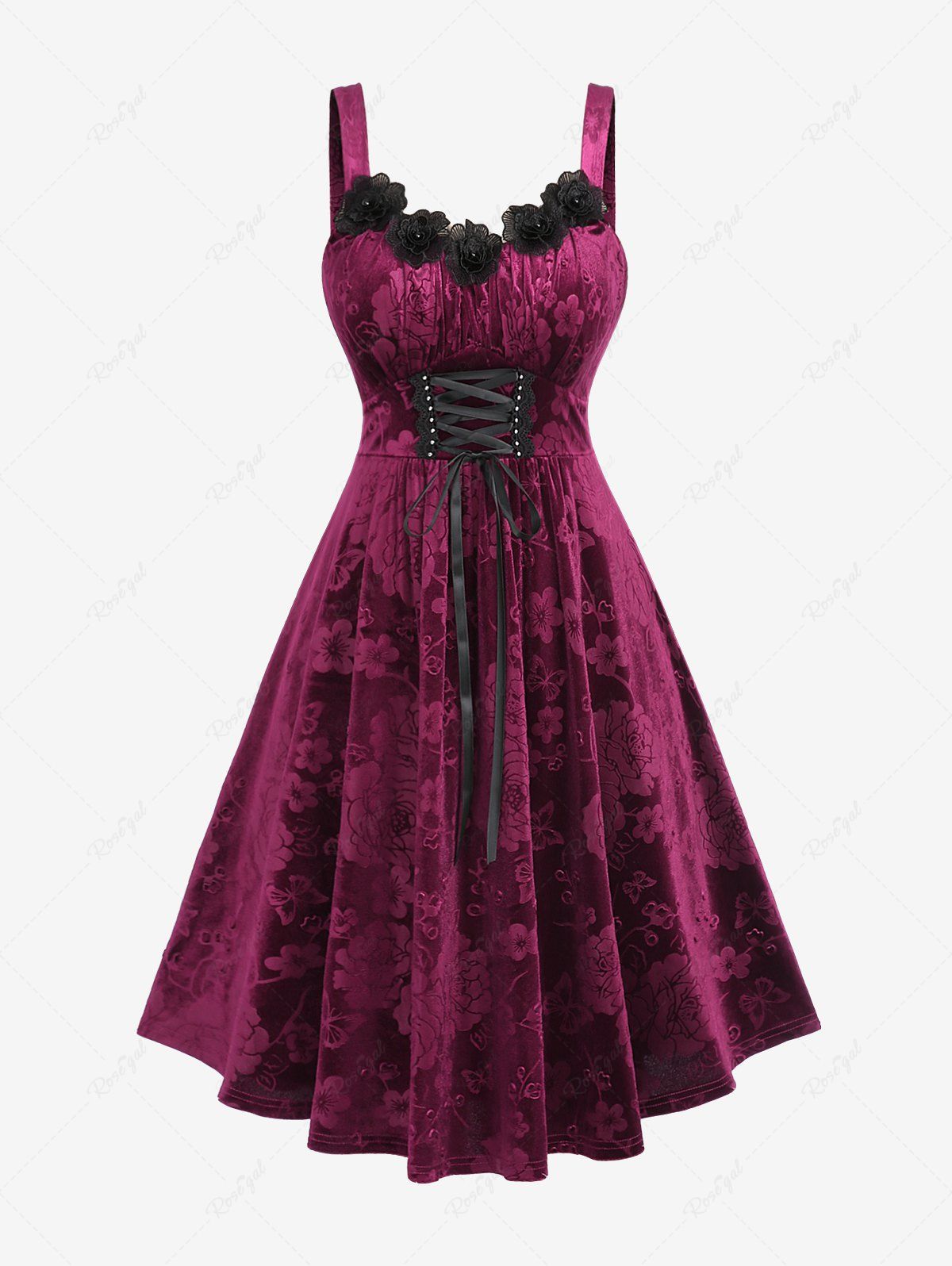 Best Plus Size Floral Trim Lace Up Velvet Embossed Ruched A Line Tank Dress  