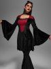 Halloween Costume Lace Trim Spider Web Contrast Flare Sleeves Velvet Mini Dress -  