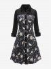 Gothic Sun Moon Star Printed Full Buttons Turn-down Collar Tied A Line Shirted Velvet Dress -  