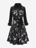 Gothic Sun Moon Star Printed Full Buttons Turn-down Collar Tied A Line Shirted Velvet Dress -  