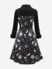 Gothic Sun Moon Star Printed Full Buttons Turn-down Collar Tied A Line Shirted Velvet Dress -  