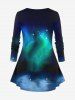T-shirt grande taille à imprimé ombré, motif sapin de Noël coloré et lumineux, galaxie - Bleu profond S