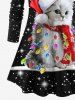 Plus Size Glitter Sparkling 3D Christmas Hat Light Cat Fragmentation Print T-shirt -  
