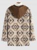Zip Up Longline Woolen Aztec Ethnic Geometric Print Pocket Hooded Coat -  