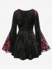 T-shirt gothique grande taille en velours avec appliques, bordure en dentelle, manches évasées et fleurs floquées - Noir 2X | US 18-20
