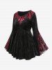 Plus Size Appliques Lace Trim Flocked Flower Flare Sleeves Velvet T-shirt -  
